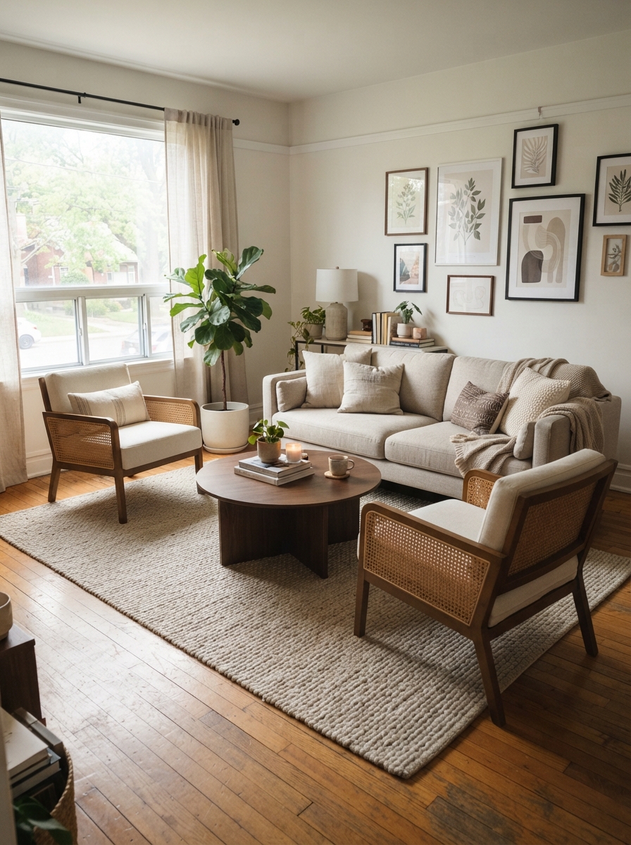 Rental living room with sofa and chairs floated into a conversation arrangement