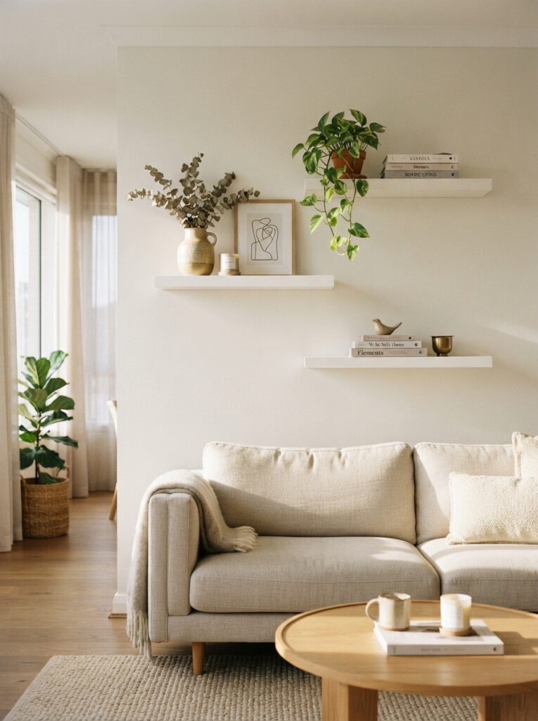 modern living room wall with three staggered white floating shelves styled with books plant and ceramic vase