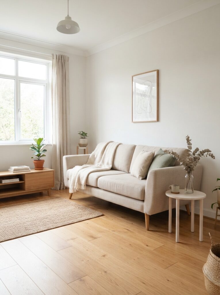 small living room with a light linen sofa on slim wooden legs and visible floor space beneath