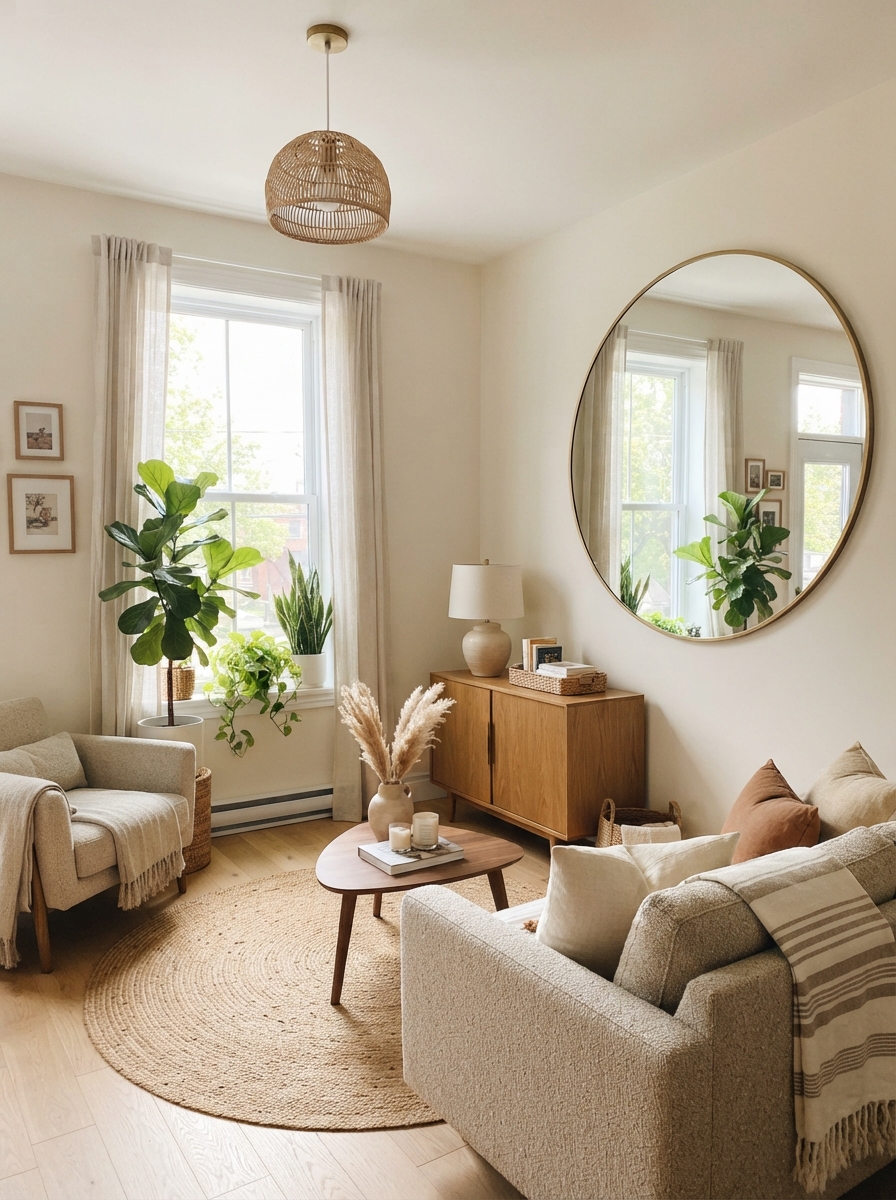 Living room with round mirror