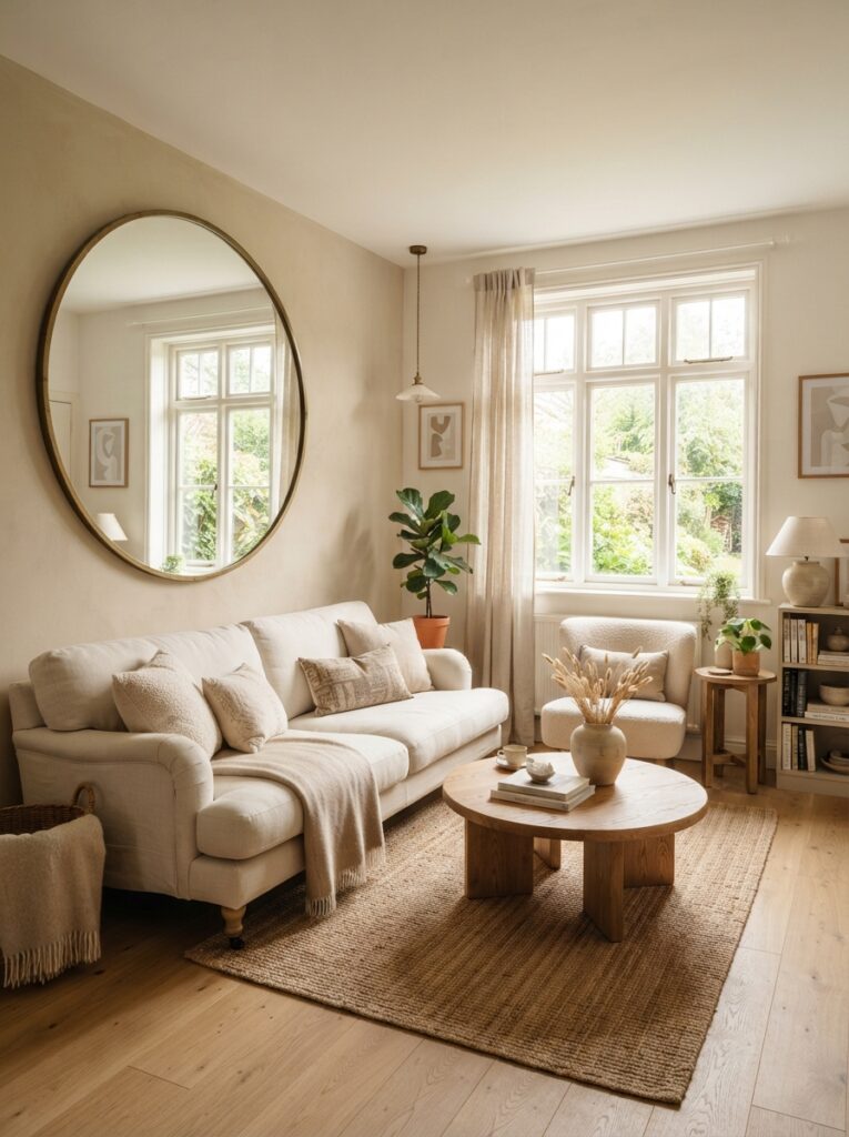 small living room with an oversized round mirror hung opposite a window reflecting natural light