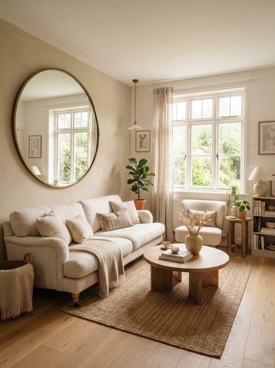 Round gold mirror on a living room wall above a sofa