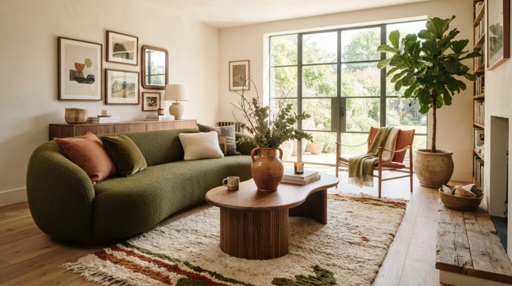 living room styled in warm minimalism with natural wood grain furniture