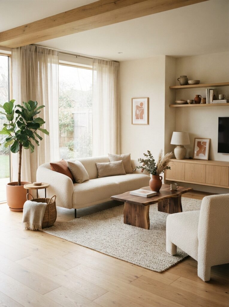 warm minimalist living space with boucle upholstery and linen textiles