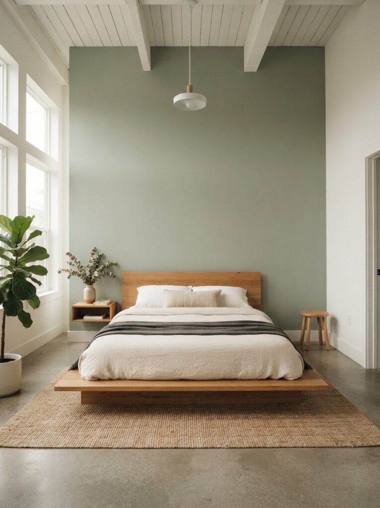 low-profile bed frame in warm natural wood in a minimalist bedroom