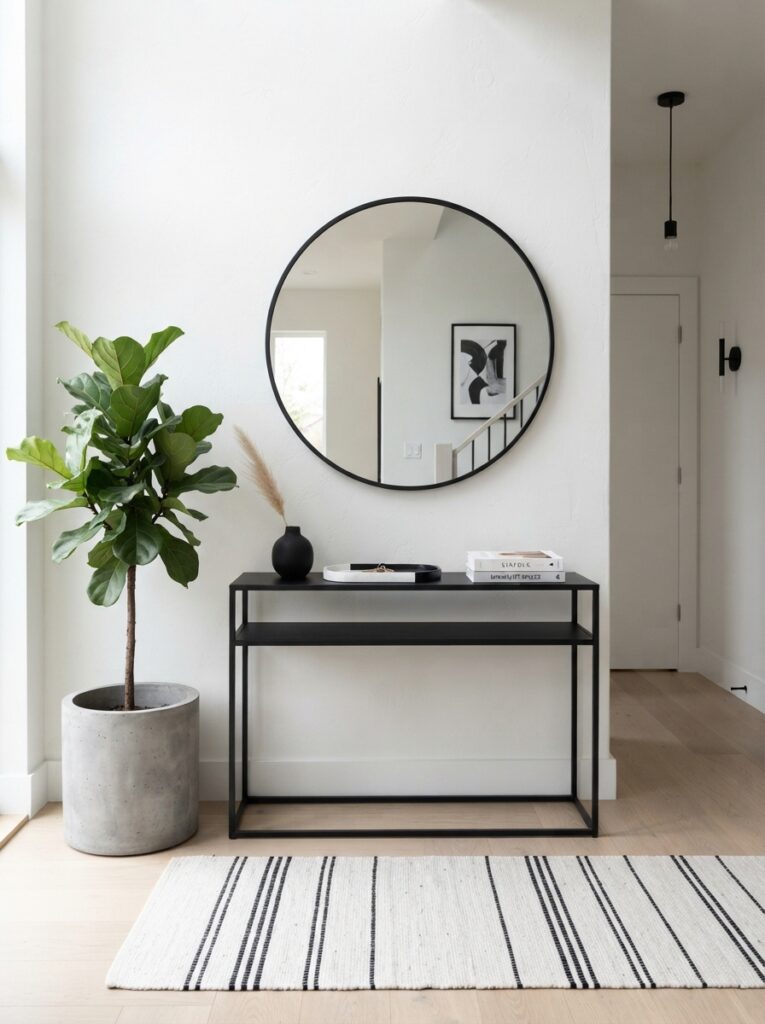 modern minimalist entryway with a matte black console, one large mirror, and a single fiddle-leaf fig