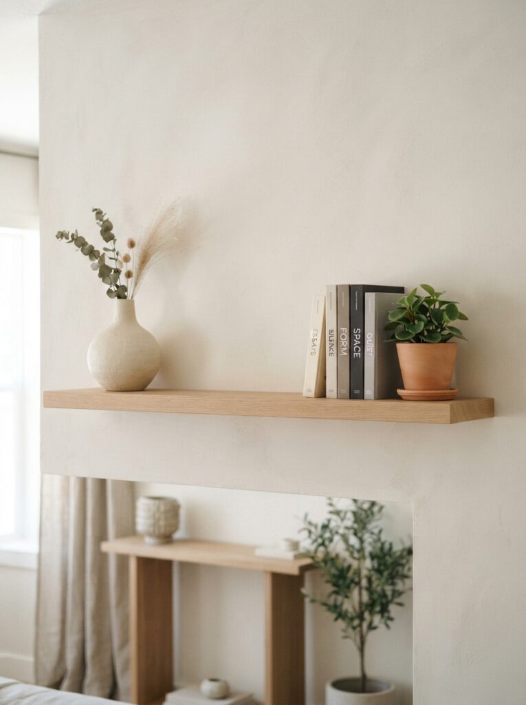 minimalist shelf styled with a single statement vase and a small stack of books in a neutral palette