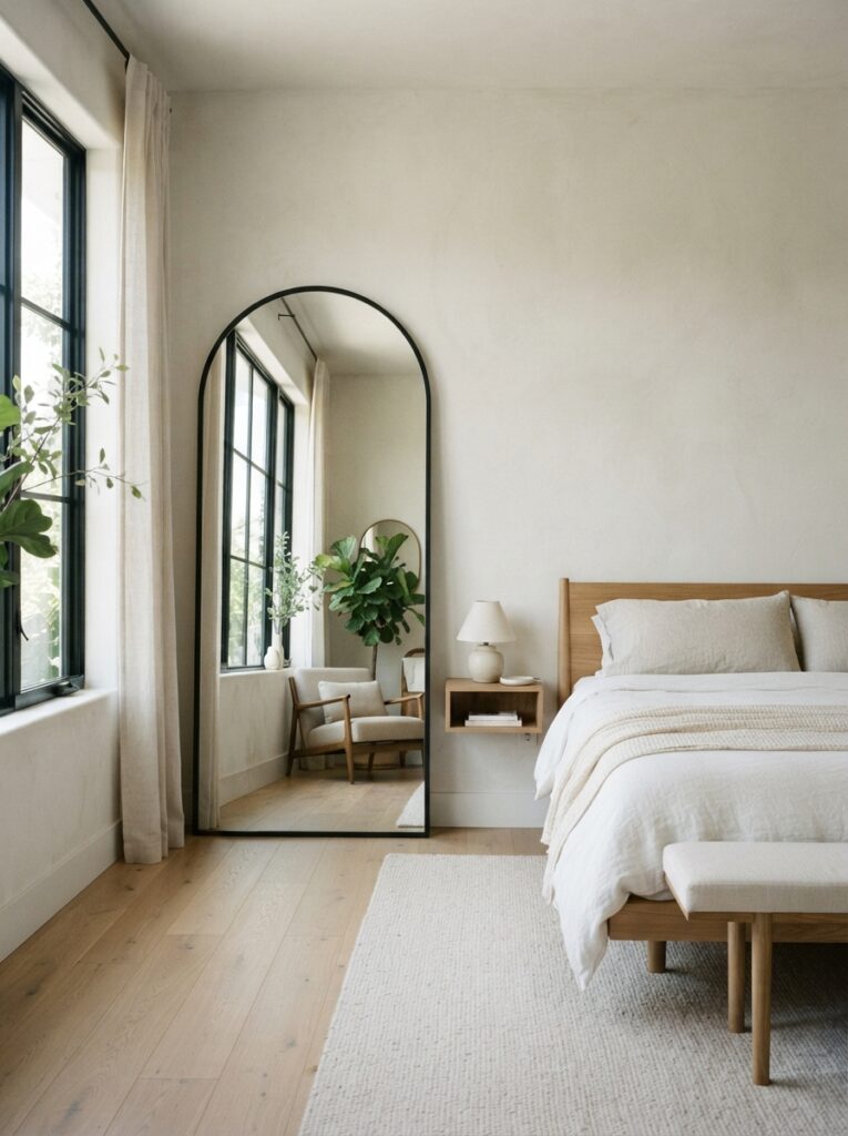 large mirror in a minimalist bedroom used for light and space as well as decor