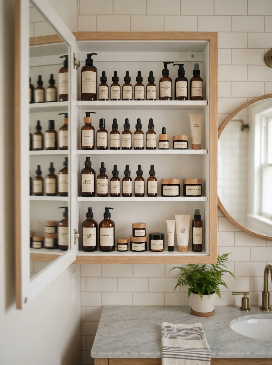Open mirrored medicine cabinet with organized glass containers