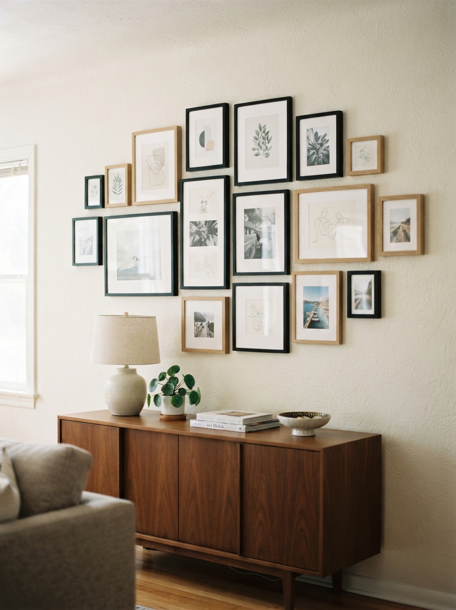 Gallery wall mixing frame sizes while keeping finishes consistent