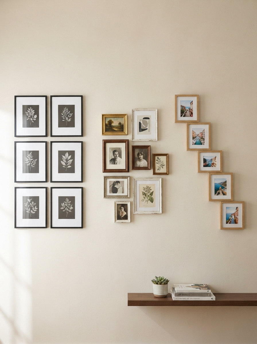 Side-by-side mockup vignettes comparing gallery wall layout options