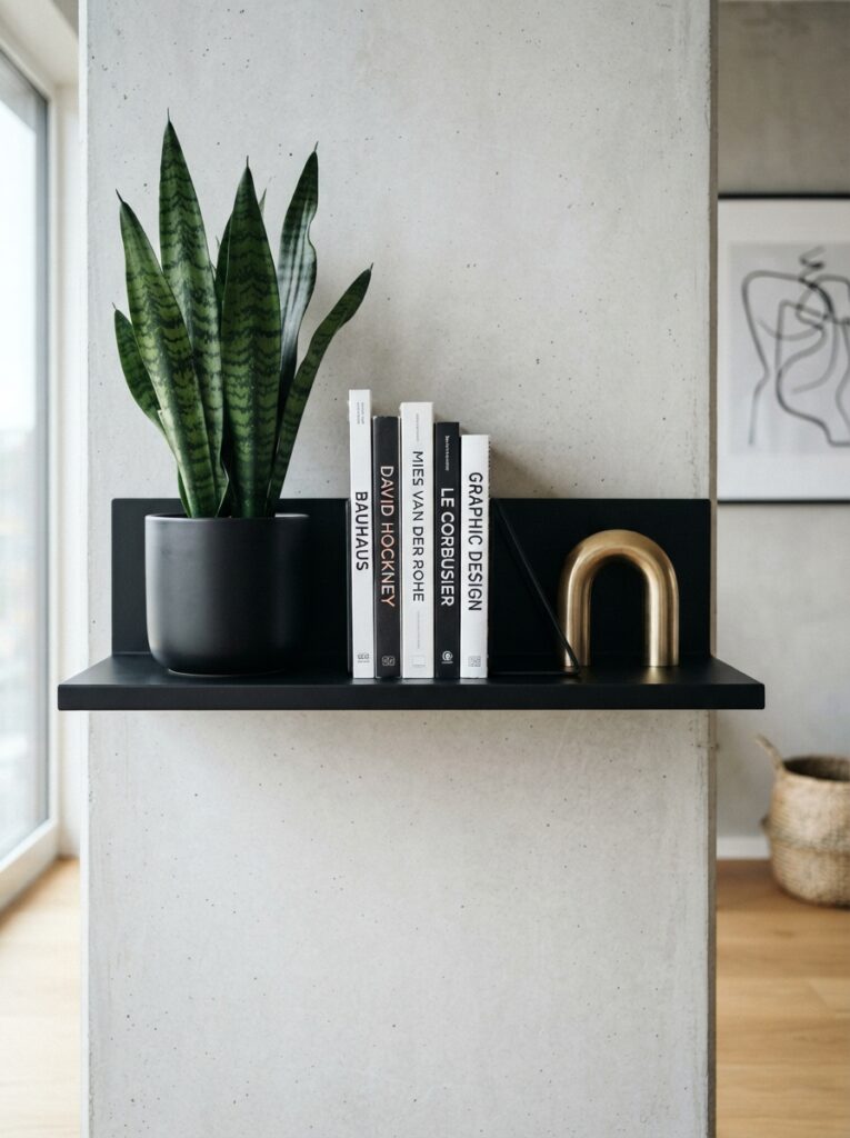 modern shelf styled with clean lines, black and white tones, and one metallic accent