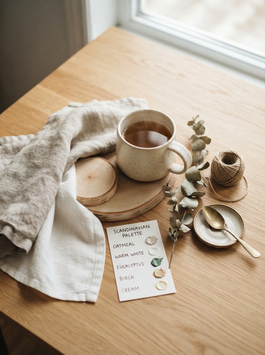 Scandinavian color palette moodboard with linen swatches and birch wood