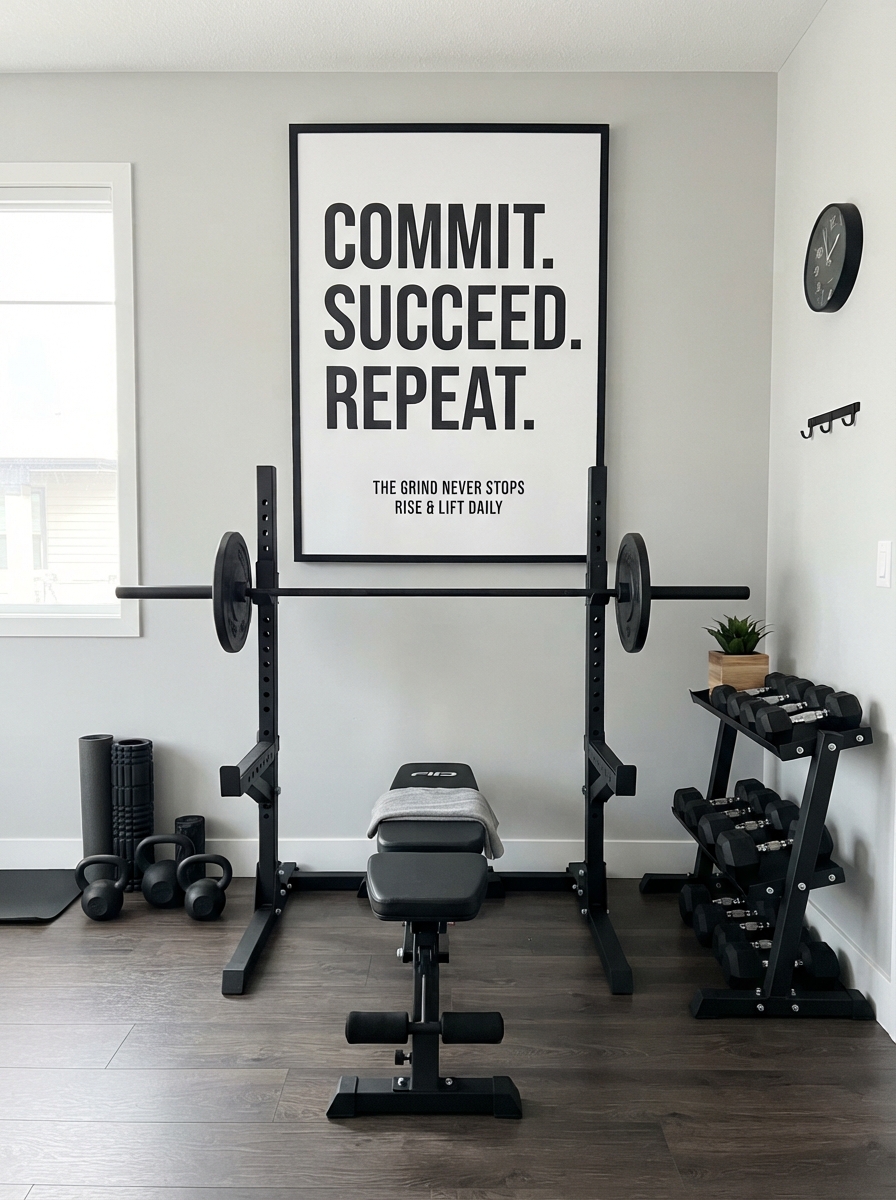Motivational art on a home gym statement wall