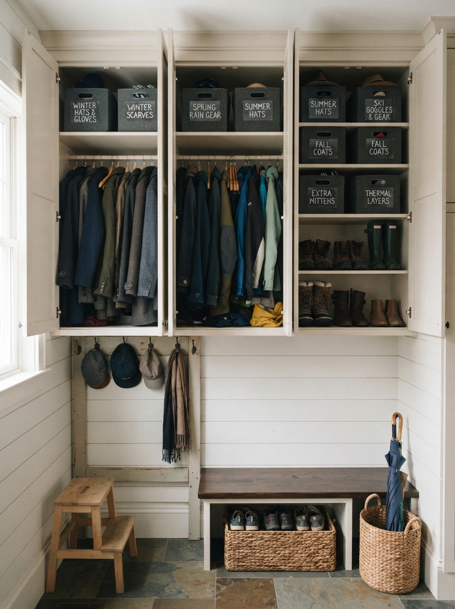 Mudroom cabinets holding stored off-season coats and boots