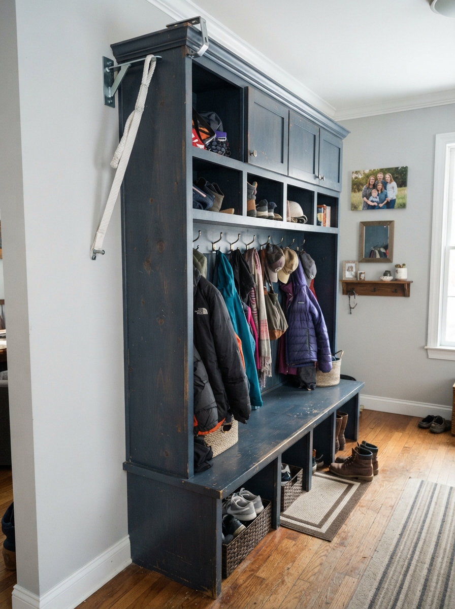 Mudroom storage unit secured with an anti-tip bracket
