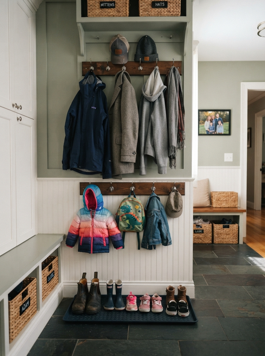 Mudroom wall with coat hooks