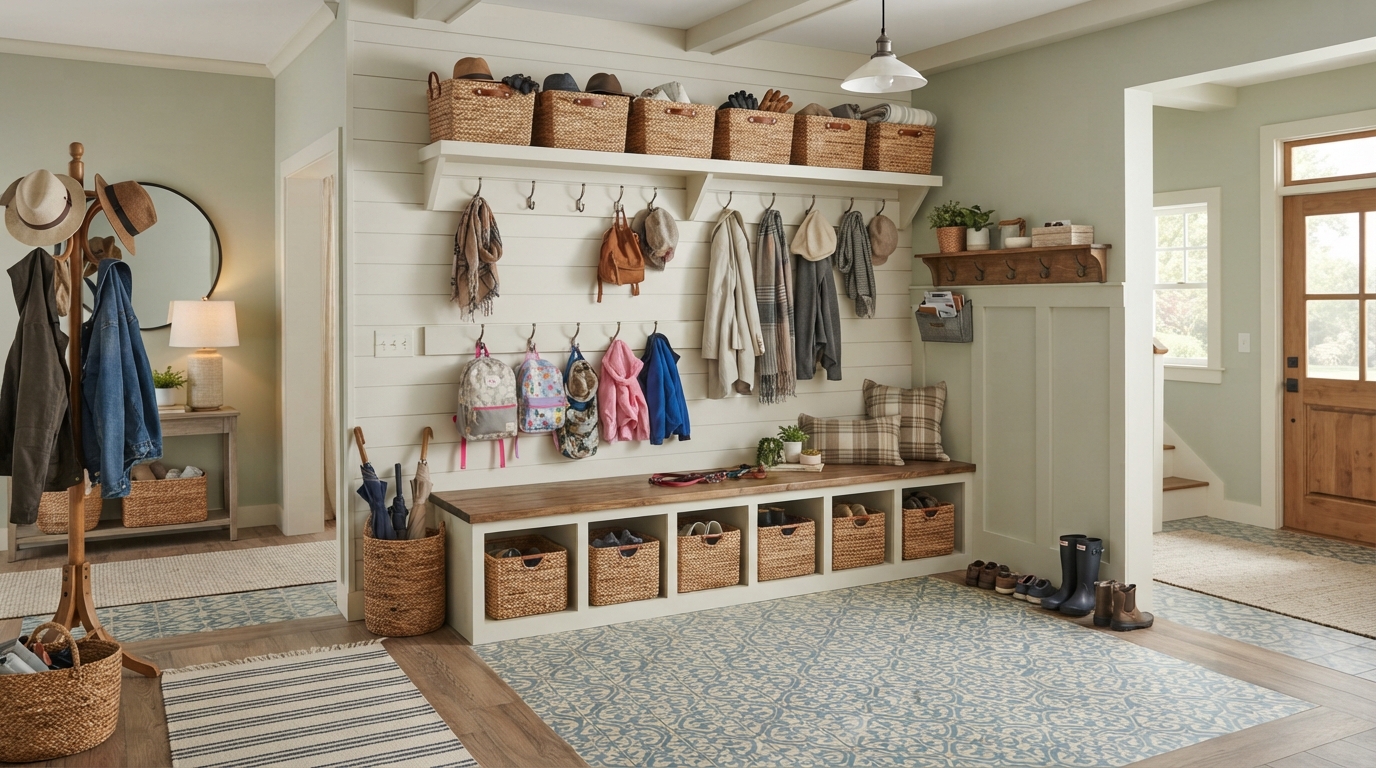 Mudroom with bench and hooks