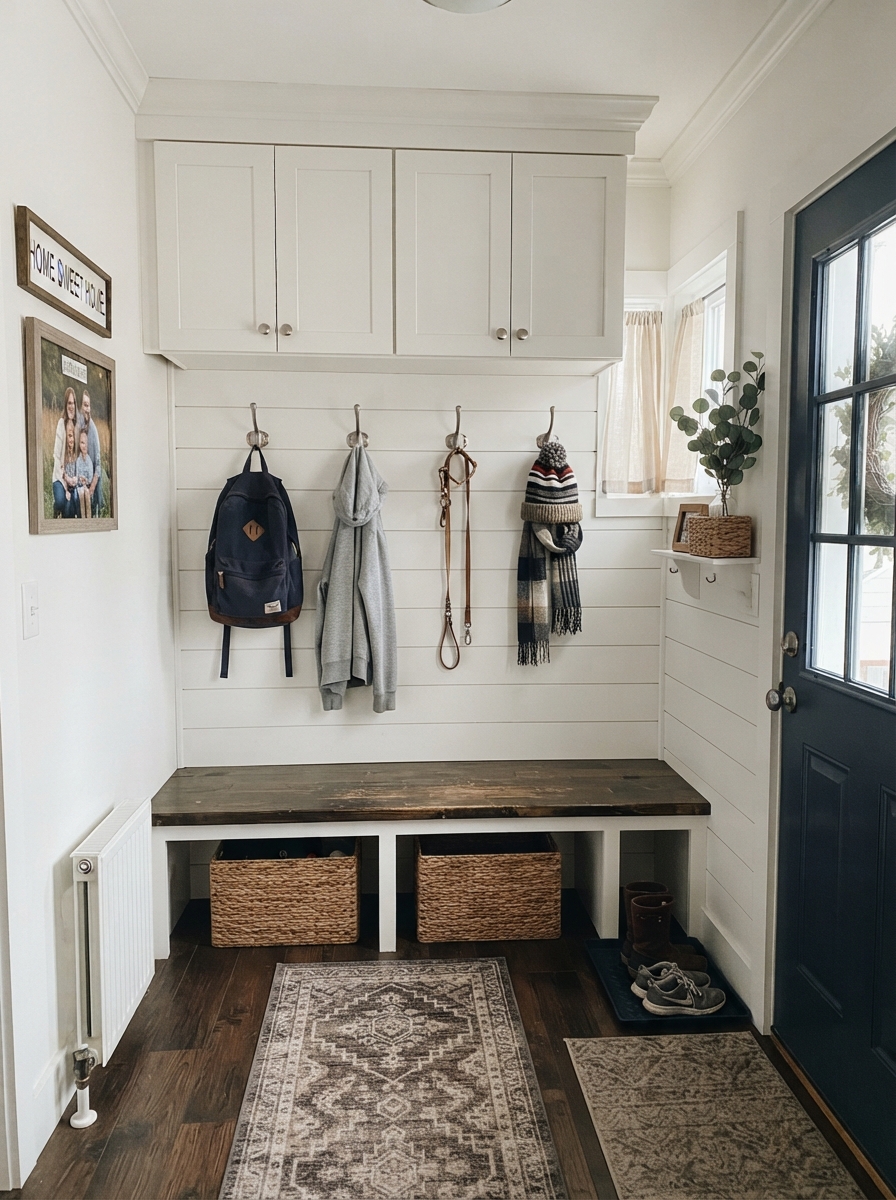 Mudroom with bench hooks cabinets