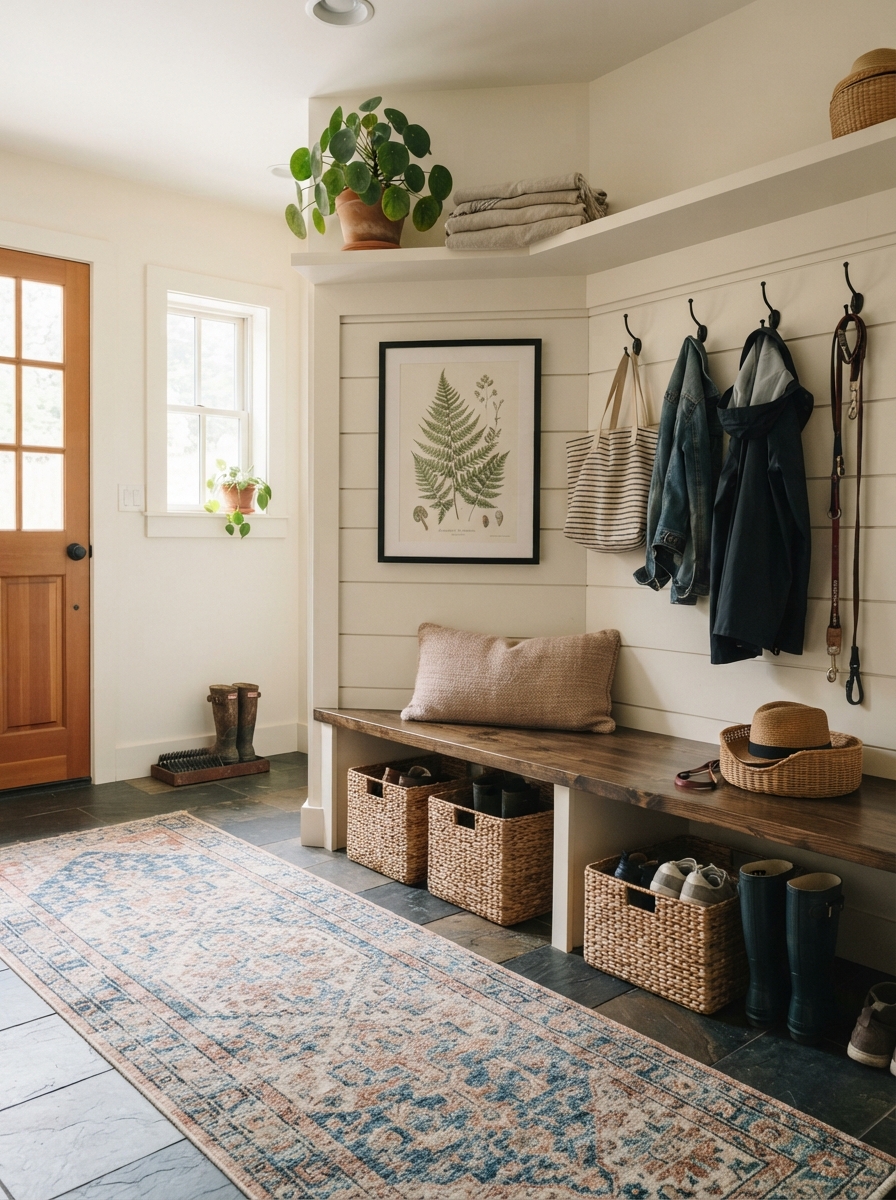 Mudroom with rug and plant