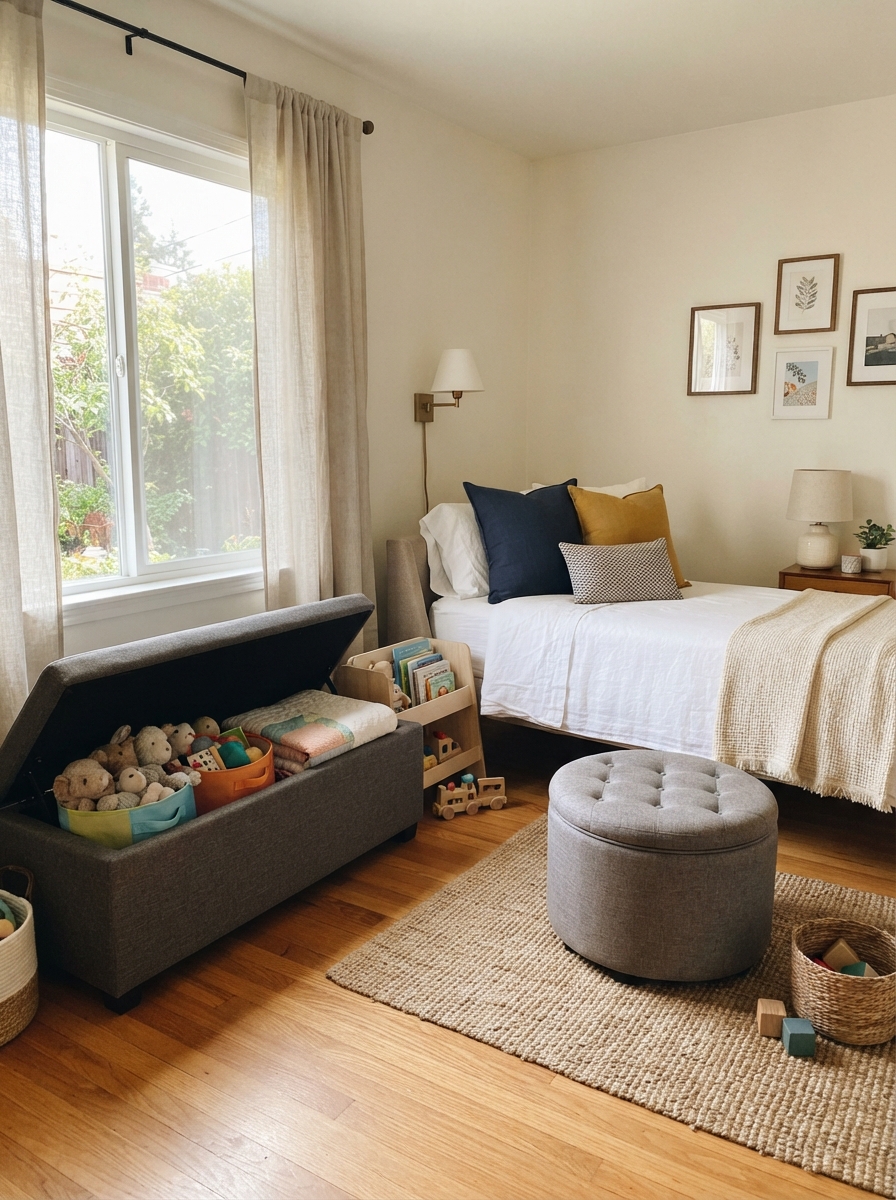 Multi-purpose room with a storage ottoman