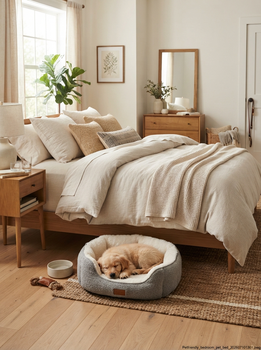 Neutral washable duvet cover with a pet bed at the foot of the bed