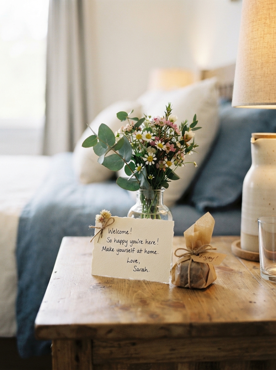 Welcome note and small gift on nightstand