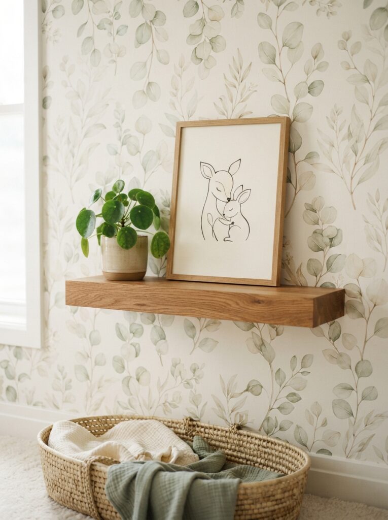 Nursery accent wall with botanical wallpaper