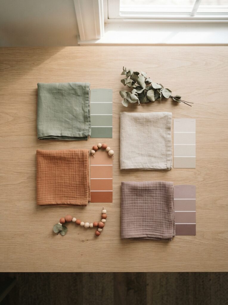 Gender-neutral nursery color palette flatlay