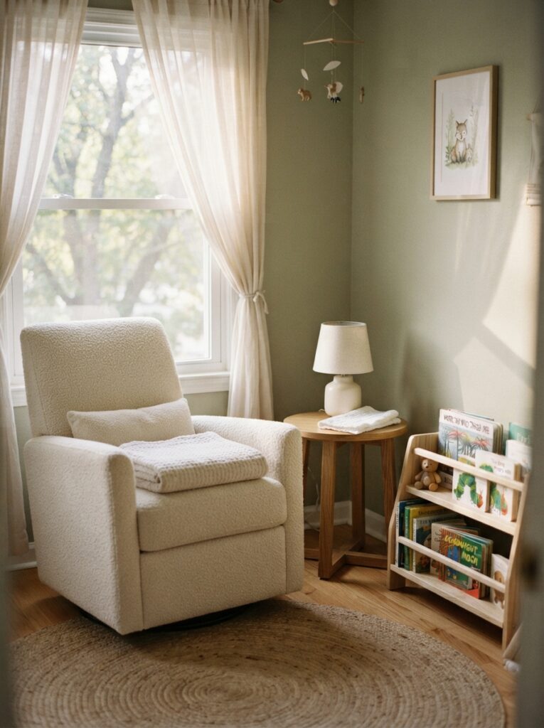 Cozy nursery reading corner with glider chair