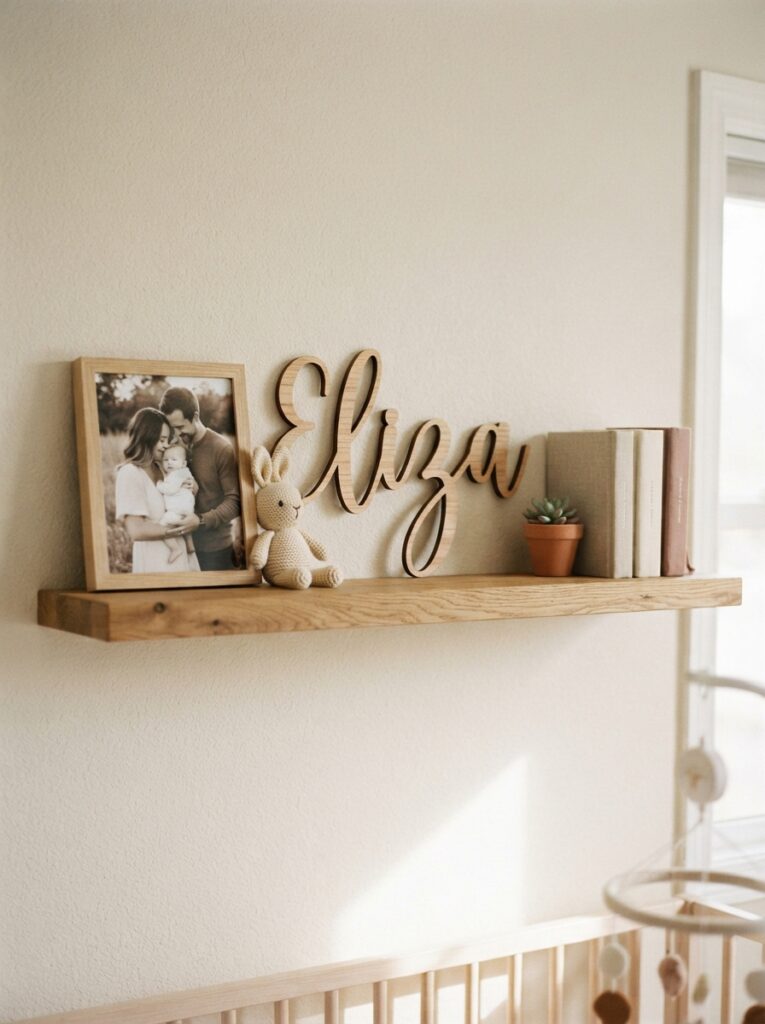 Nursery shelf styled with a custom name sign