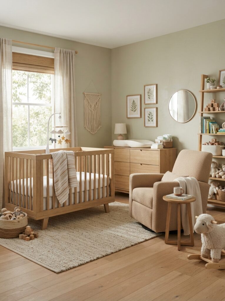 Gender-neutral nursery with crib and dresser