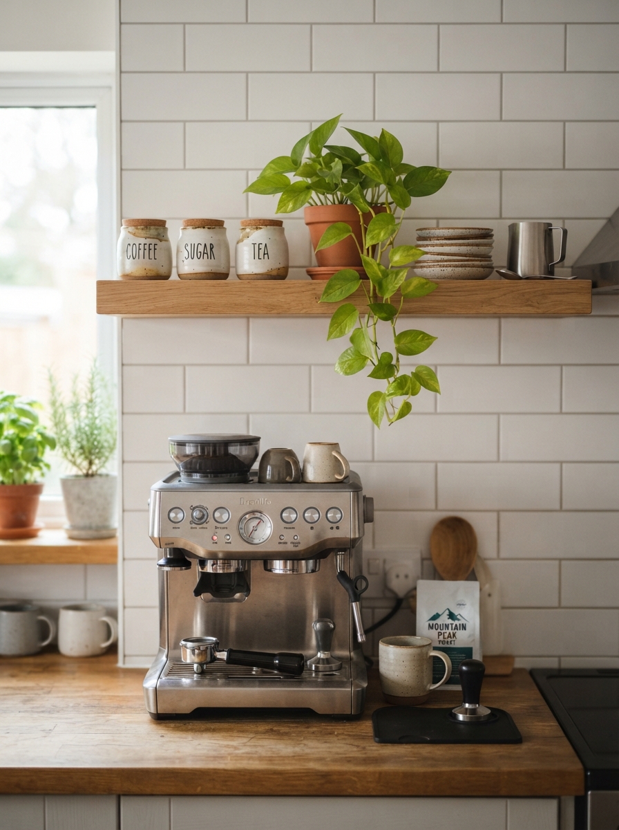 Oak shelf above coffee machine