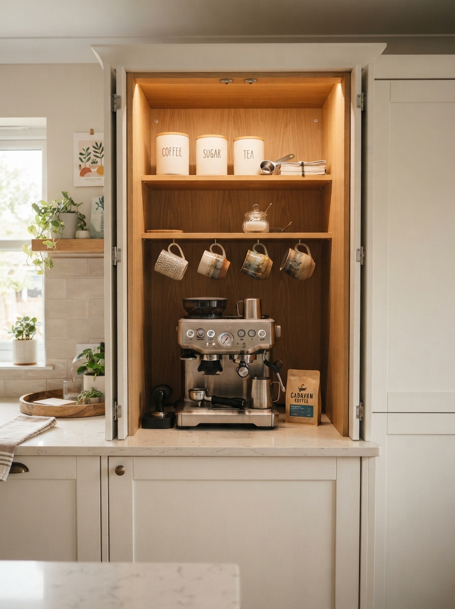 Open cabinet with coffee machine
