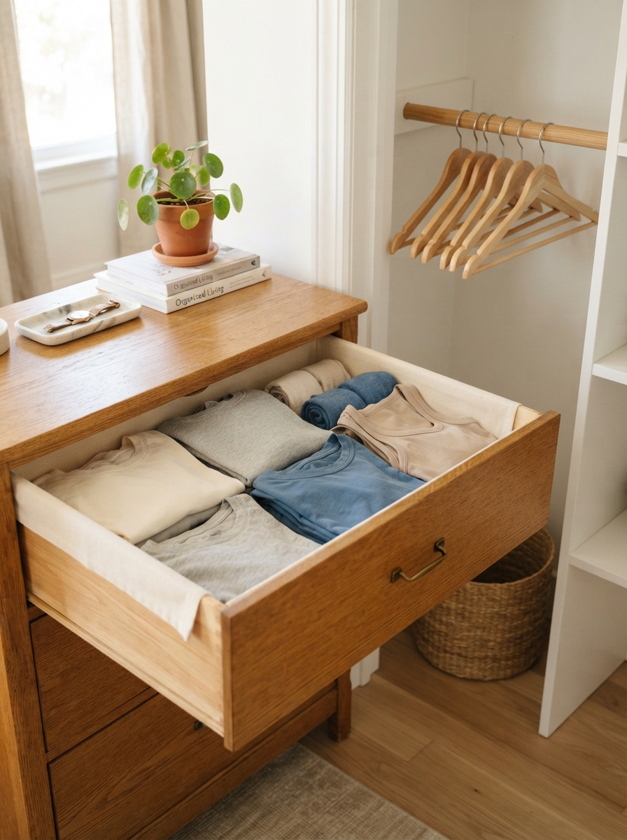 Open dresser drawer with hangers