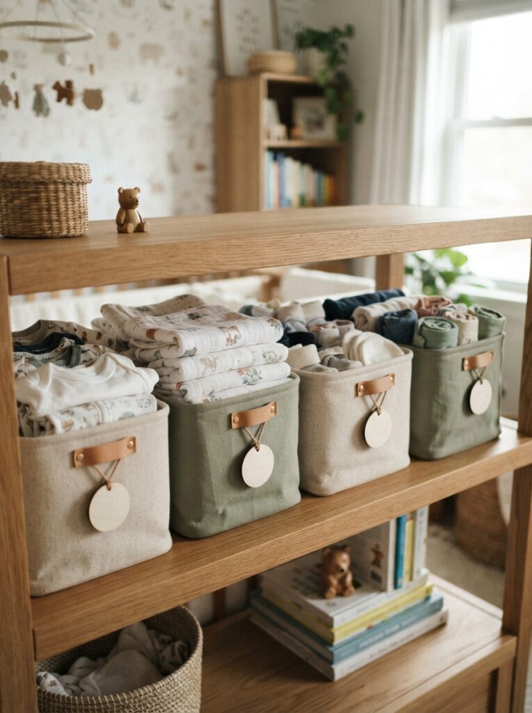 Open nursery shelving with fabric storage bins