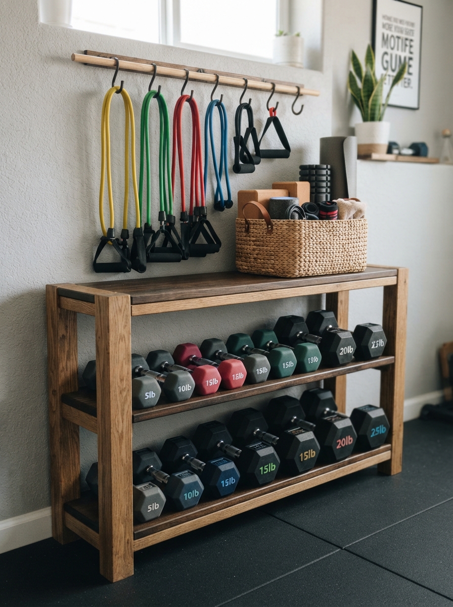 Open shelving unit holding dumbbells and gym accessories