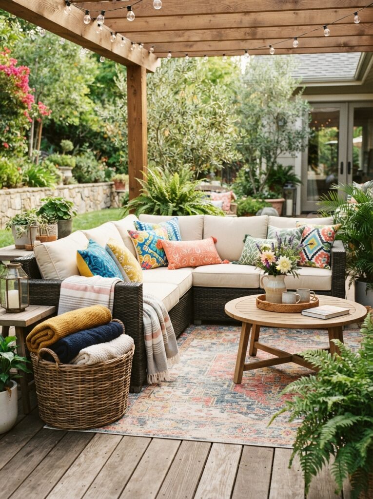 outdoor sofa styled with colorful weather-resistant throw pillows and folded blankets