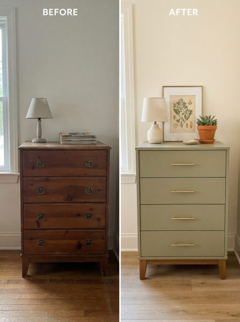 Painted secondhand wood dresser with brass hardware