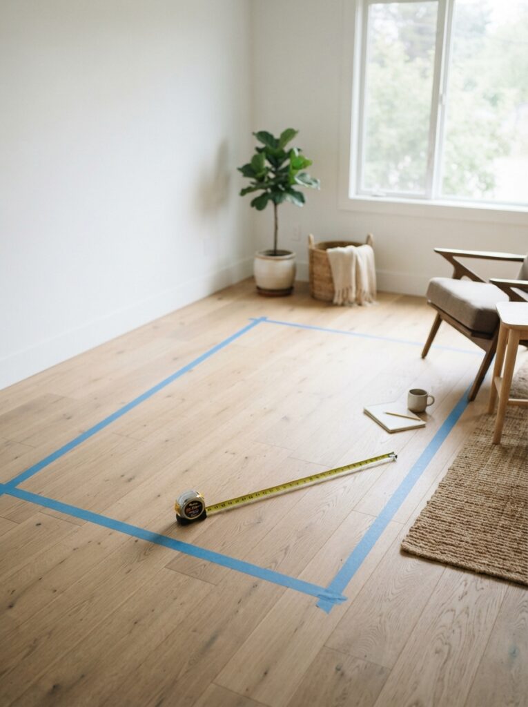 painter's tape outlining a sofa footprint on the floor to plan furniture scale before buying