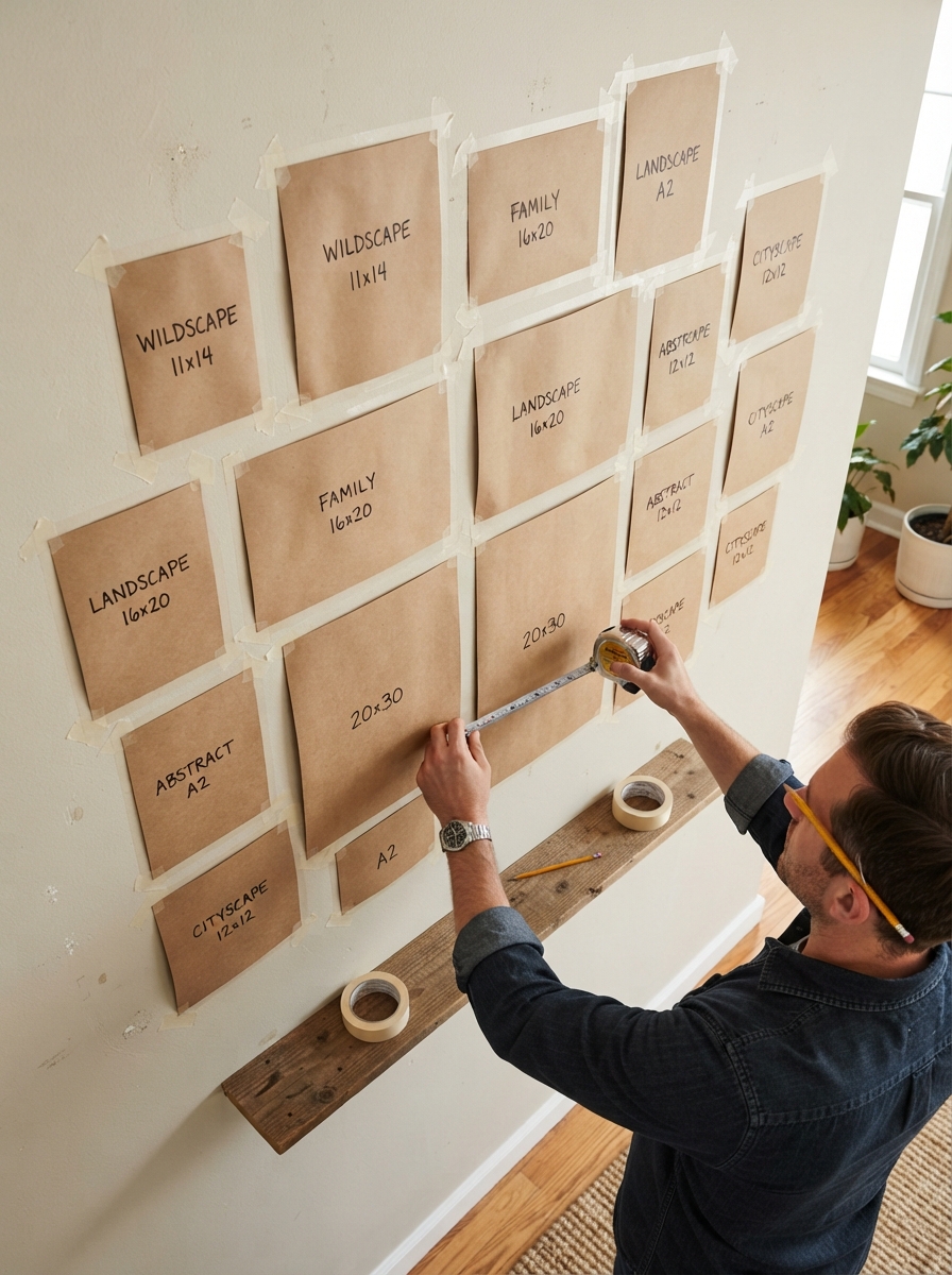 Paper templates taped to the wall to plan a gallery wall layout