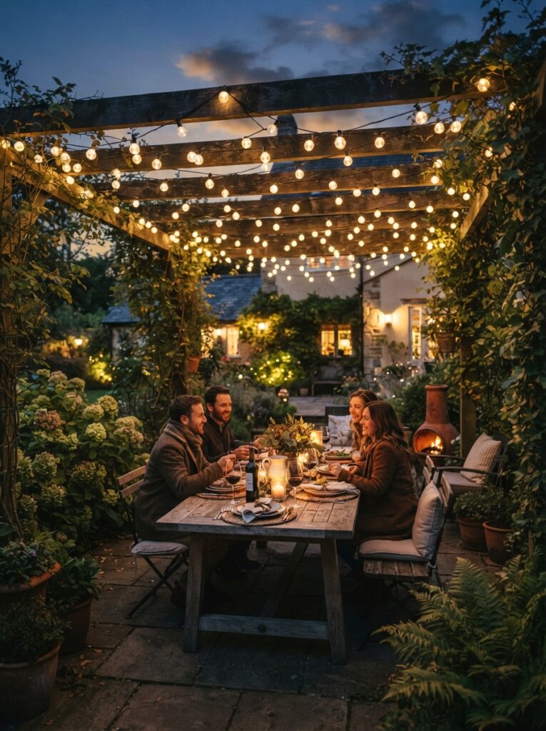 patio dining table lit by warm string lights strung overhead at dusk