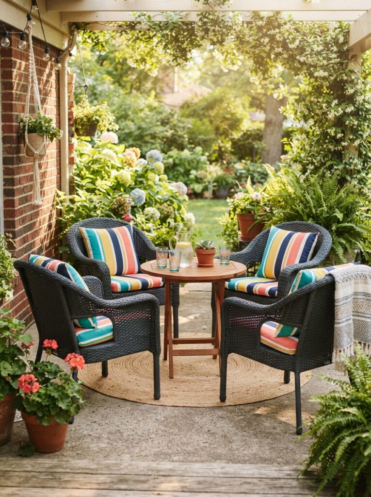 budget patio furniture makeover with resin wicker chairs and colorful striped outdoor cushions