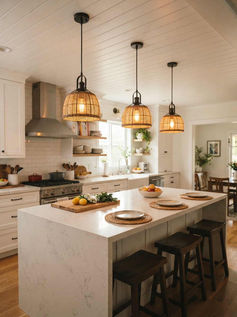 Pendant lights above kitchen island