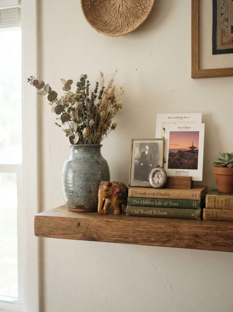 personal keepsakes and travel souvenirs styled among books on a shelf