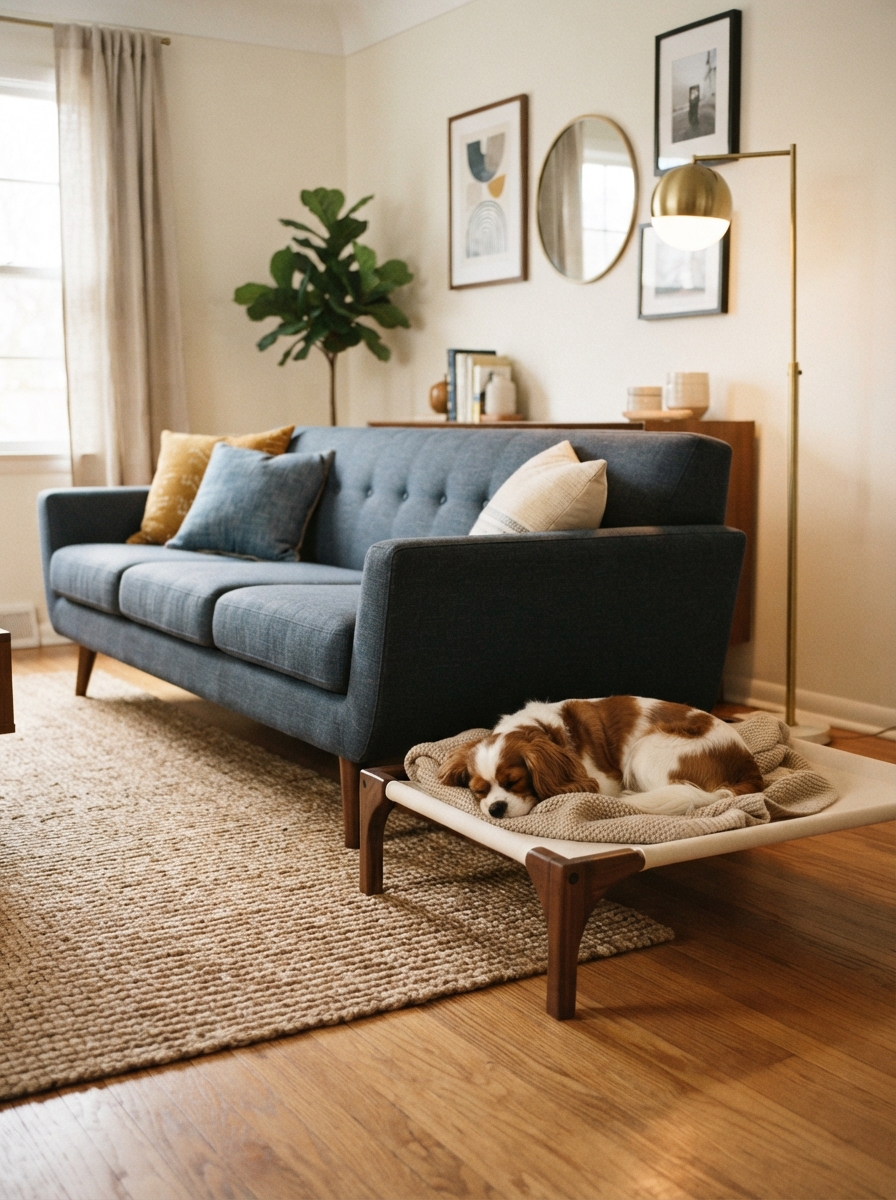 Stylish pet bed placed next to a living room sofa