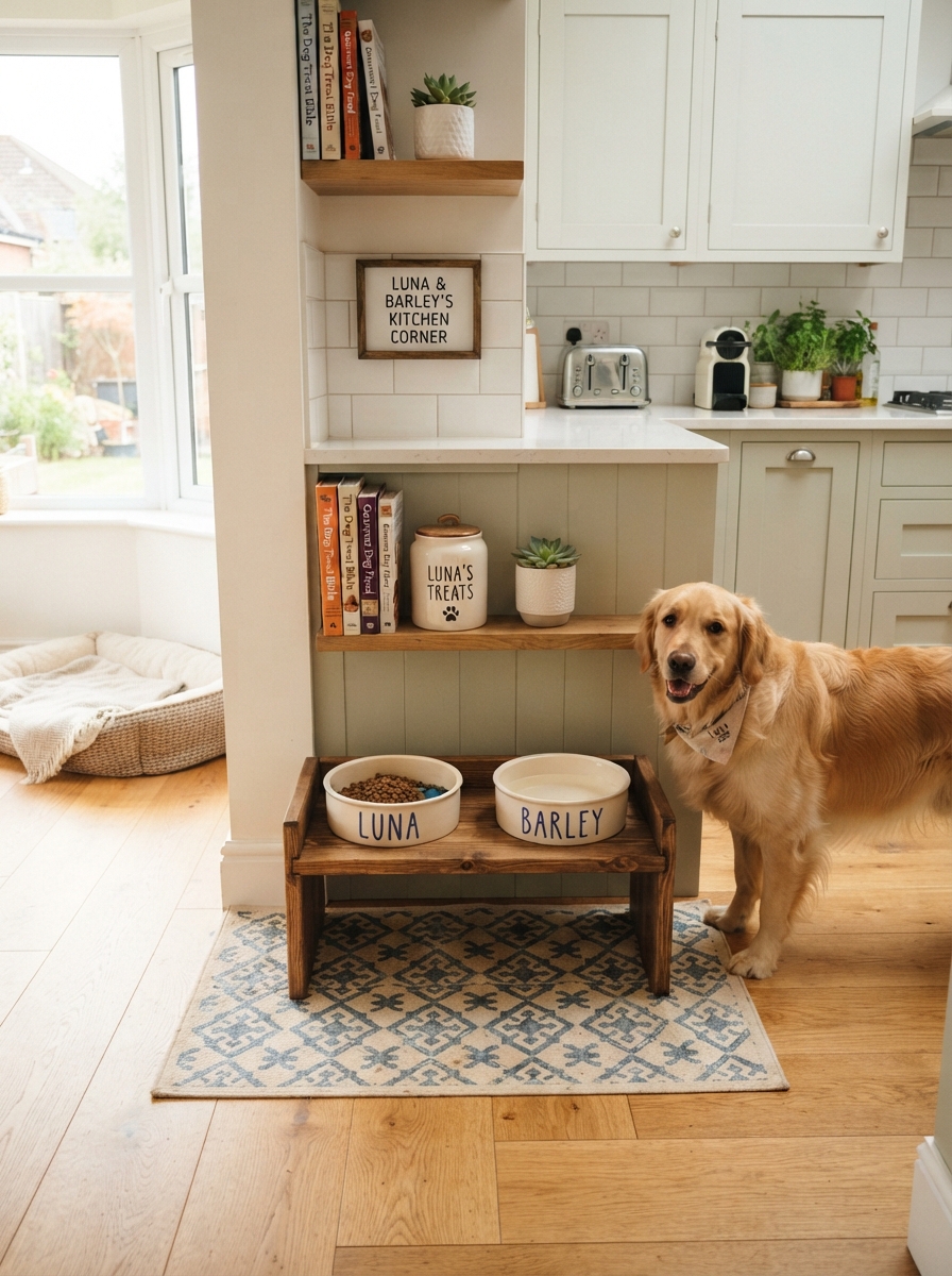 Furniture-style pet feeding station with ceramic bowls