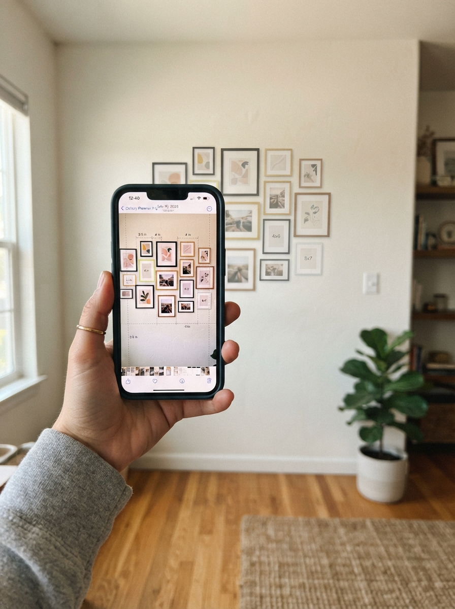 Phone previewing a gallery wall layout using a planning app