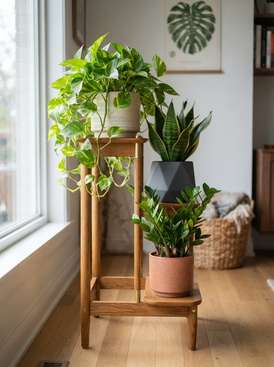 Low-maintenance plants grouped on a plant stand