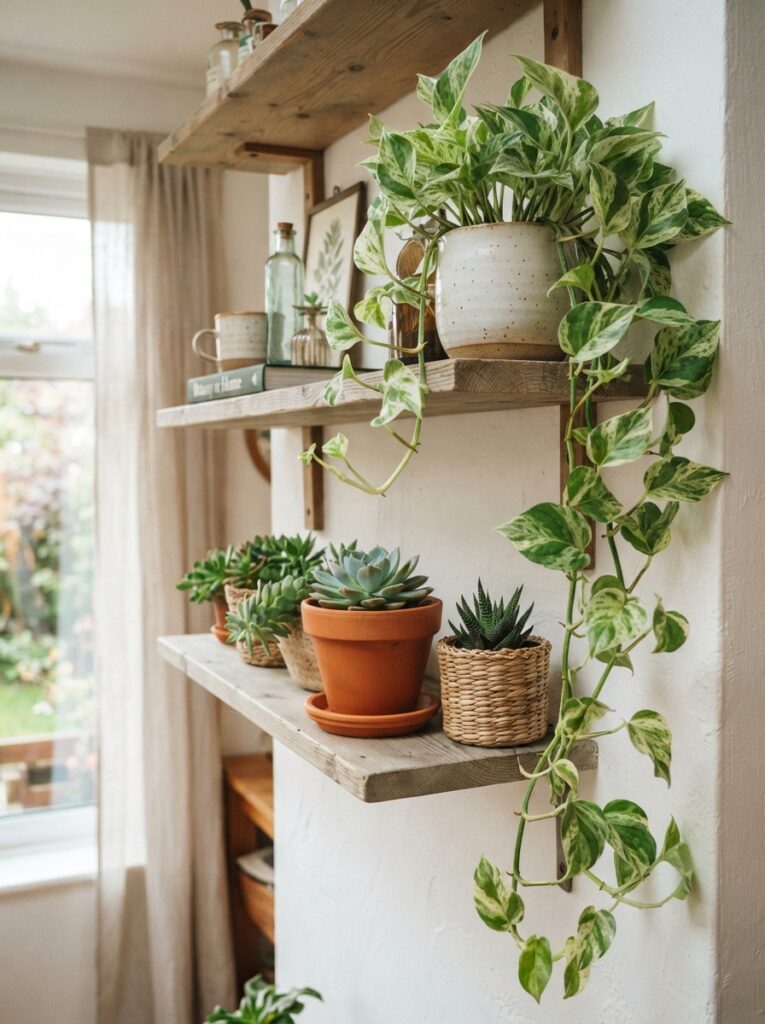 trailing plants and small succulents styled on a shelf
